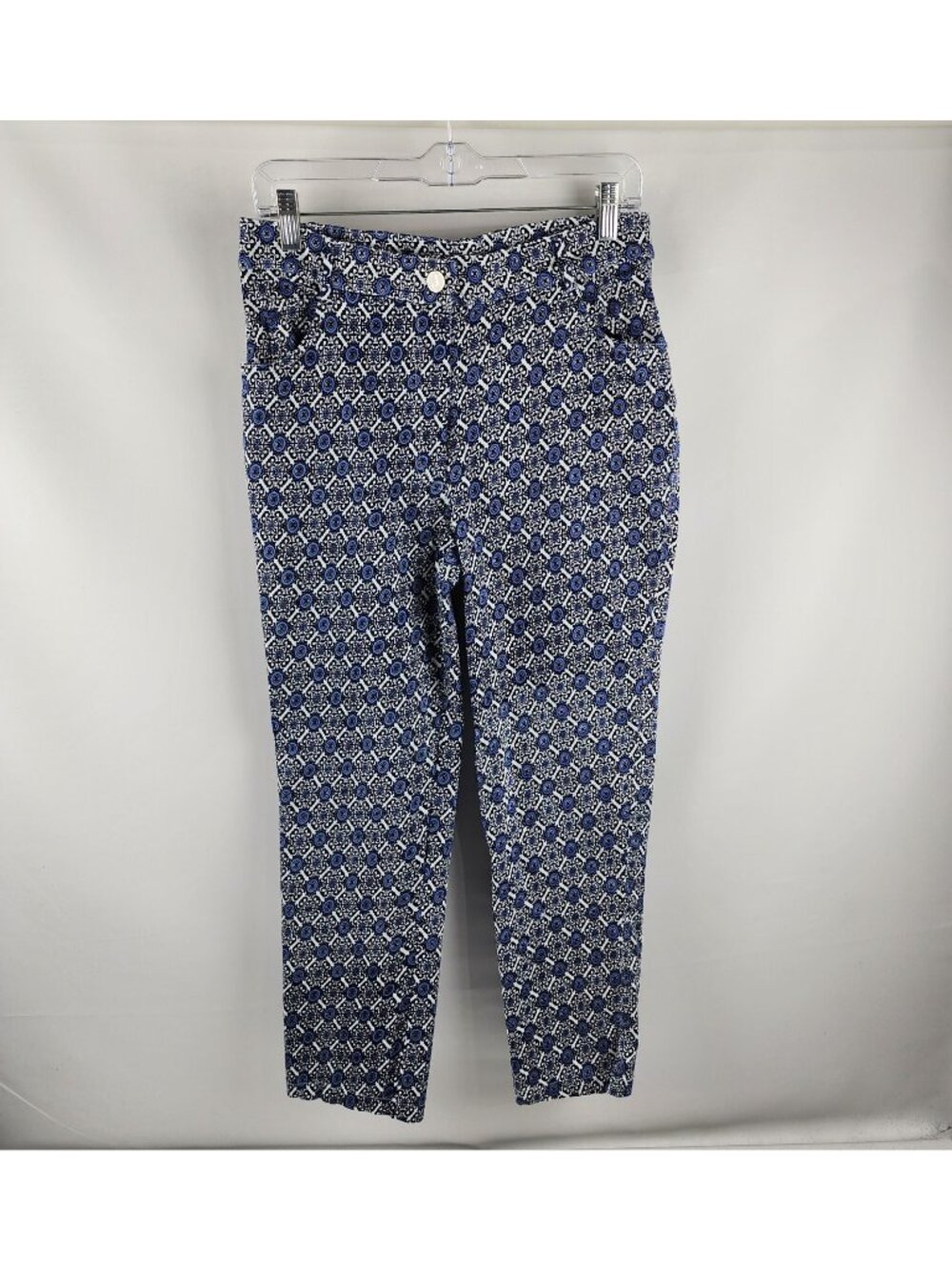 Jude Connally Womens L Blue White Geometric Lucia Crop Stretch Knit Pants